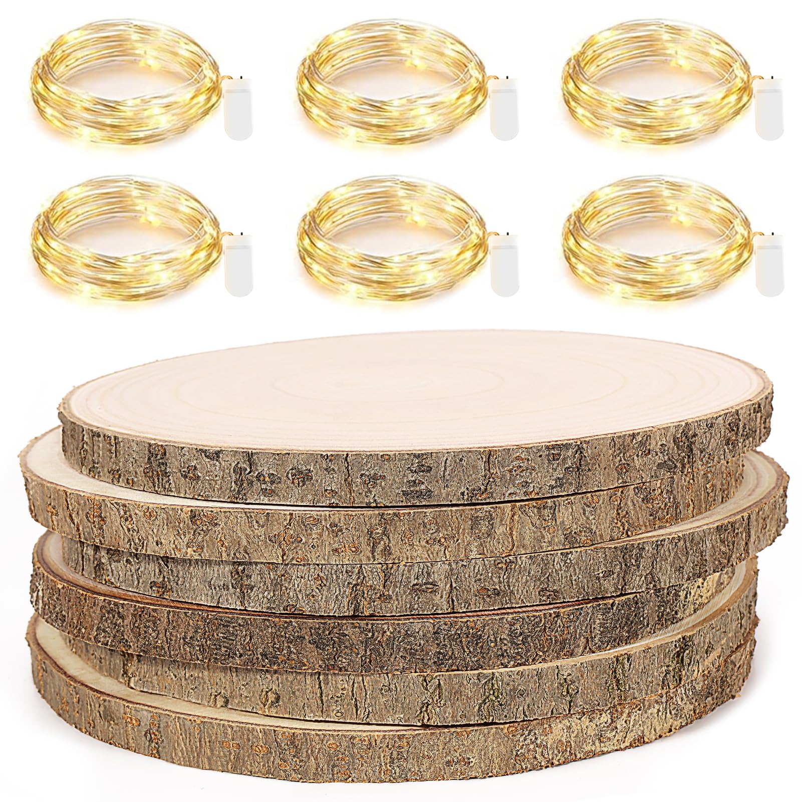 Pllieay 10 Piece 8-9 Inch Wood Slices, with 10 Fairy Lights, Wood Slices  for Centerpieces, Wood Circles for Weddings, Table Centerpieces Decor and